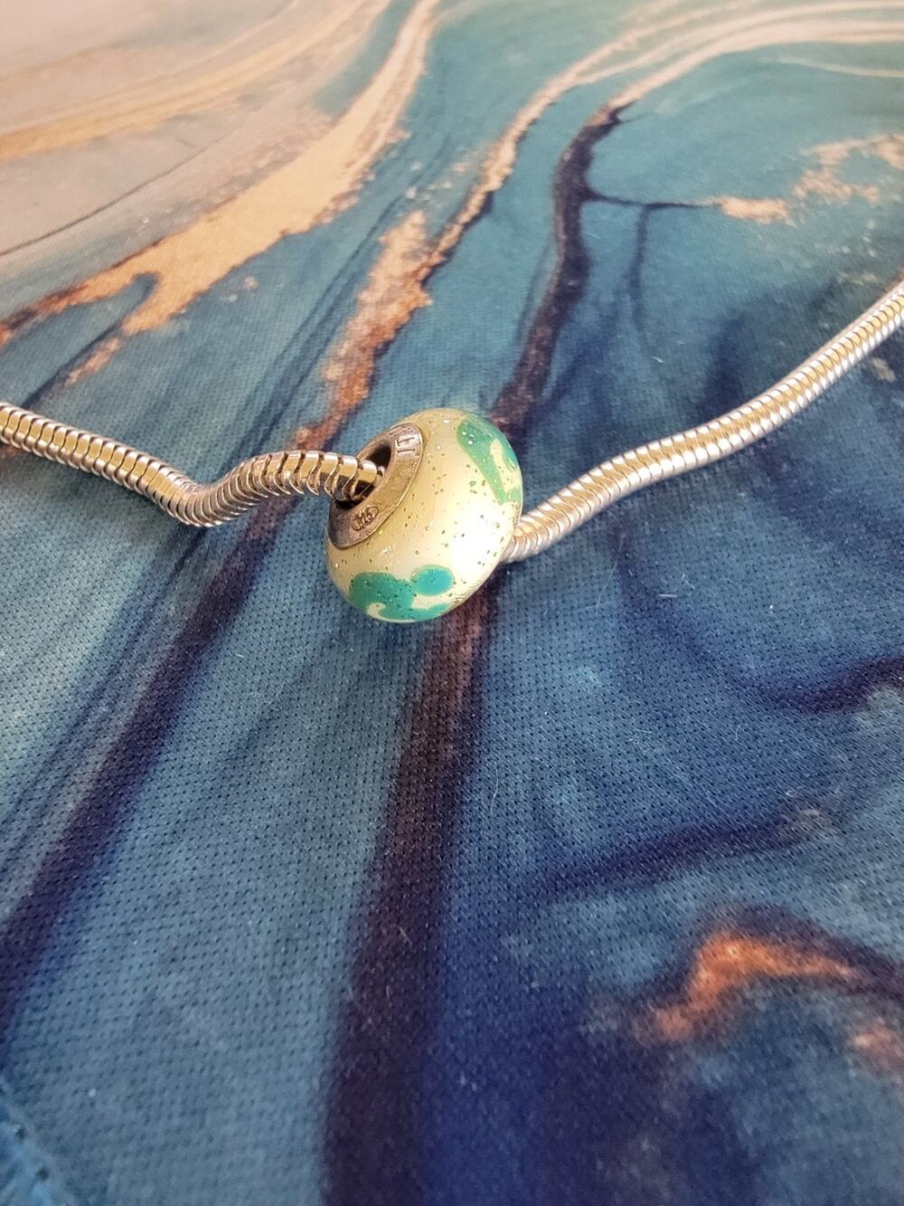 Sterling Silver 925 Murano Italy Glass Slide Bead White Green Glitter Charm